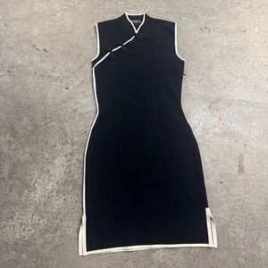 Shanghai Tang Women's Black White Trim Qipao Midi Chinese Dress S/S Designer